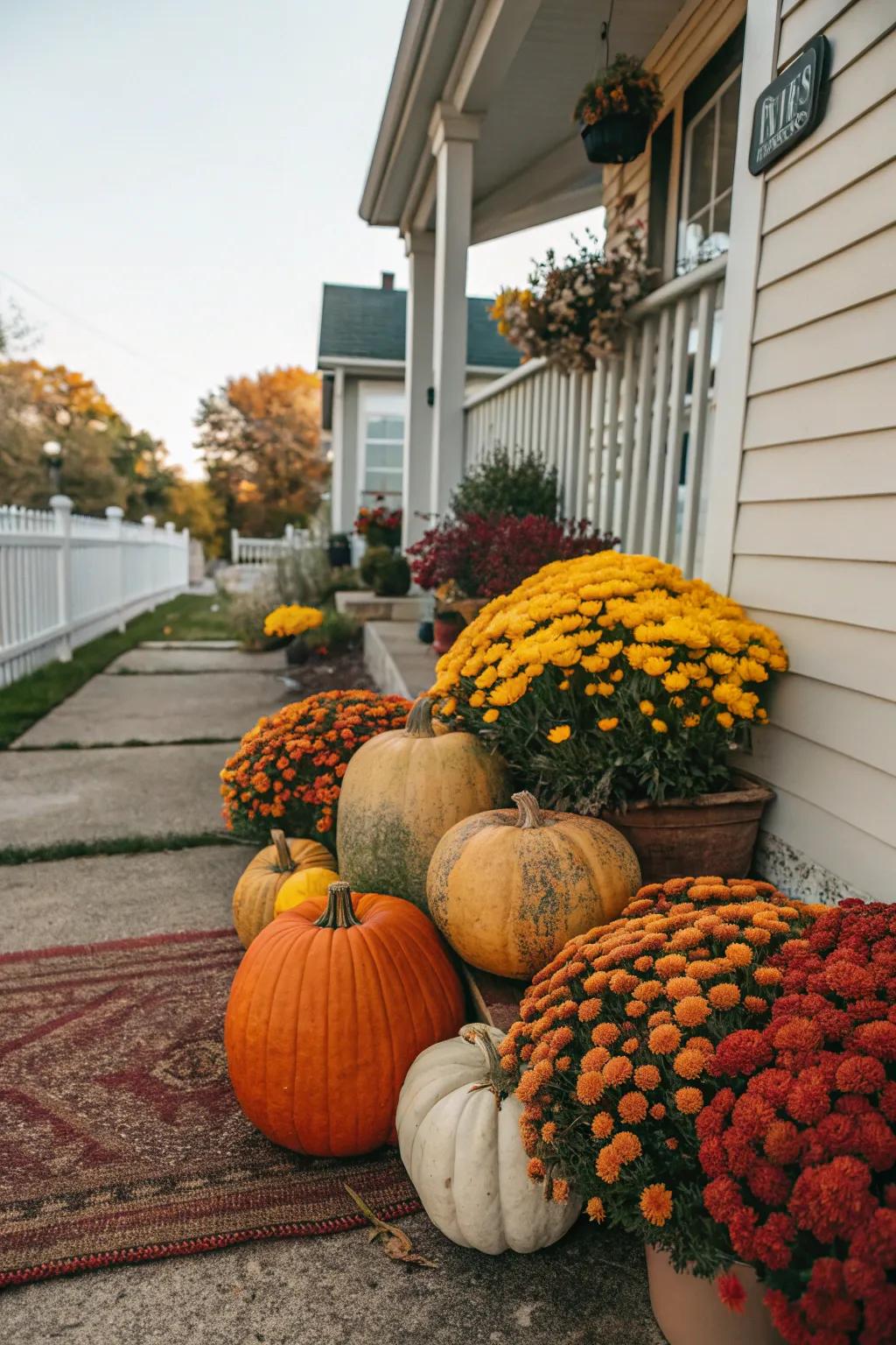 Gourds and blossoms cultivate a vibrant, inviting veranda exhibition.