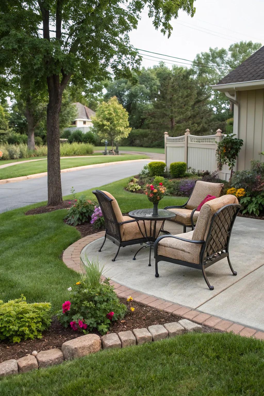 An intimate outdoor alcove on a corner lot is perfect for relaxation and social gatherings.
