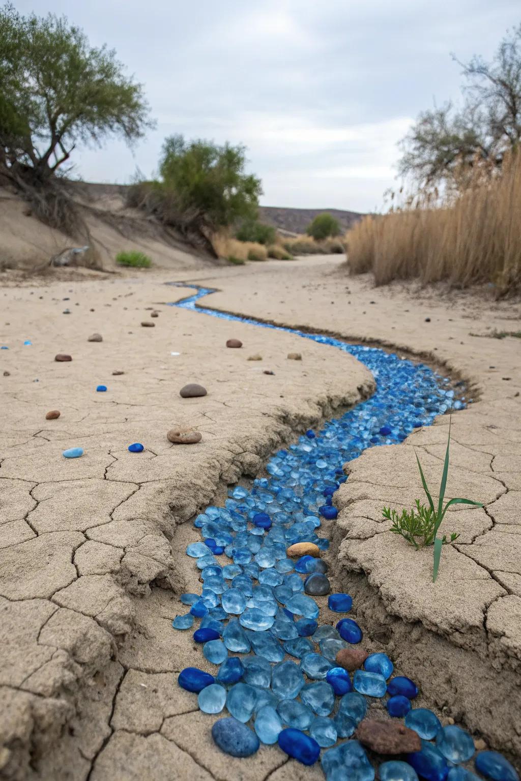 Azure glass stones emulate the sight of streaming water in your dry creek bed.