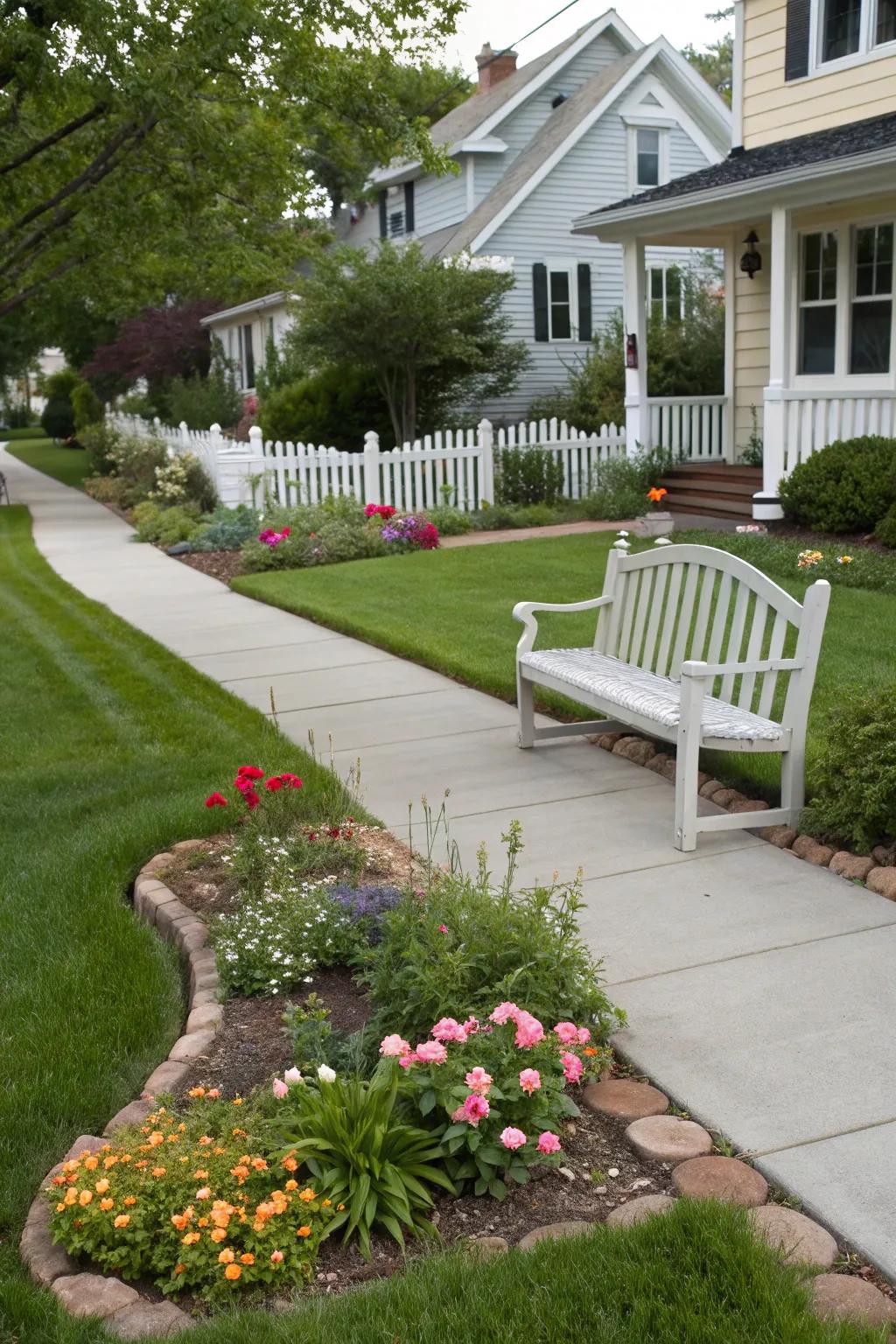 A cozy bench adds relaxation and charm to a front garden.
