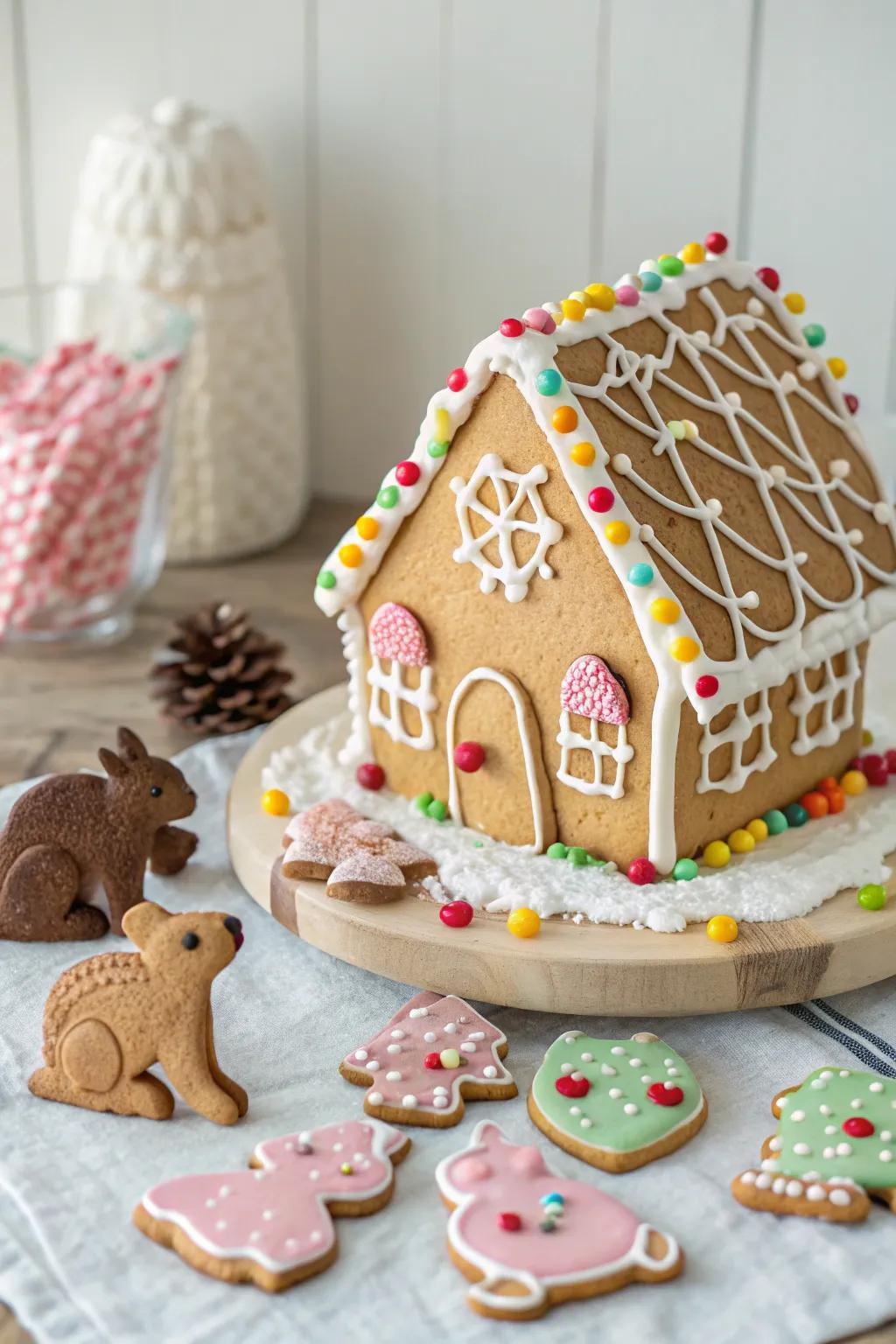 A gingerbread house with an animal cookie petting zoo