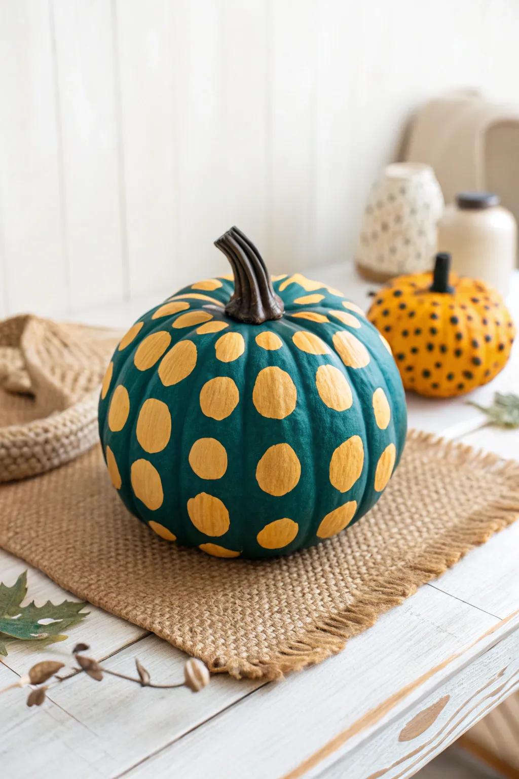 Inject a playful twist into your autumnal décor via a polka-emblazoned gourd that radiates individuality!