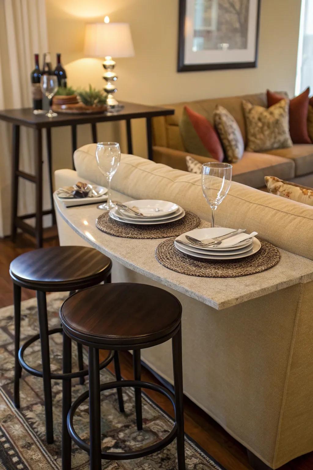 A bar table is placed behind the sofa, designed for a laid-back dining experience.