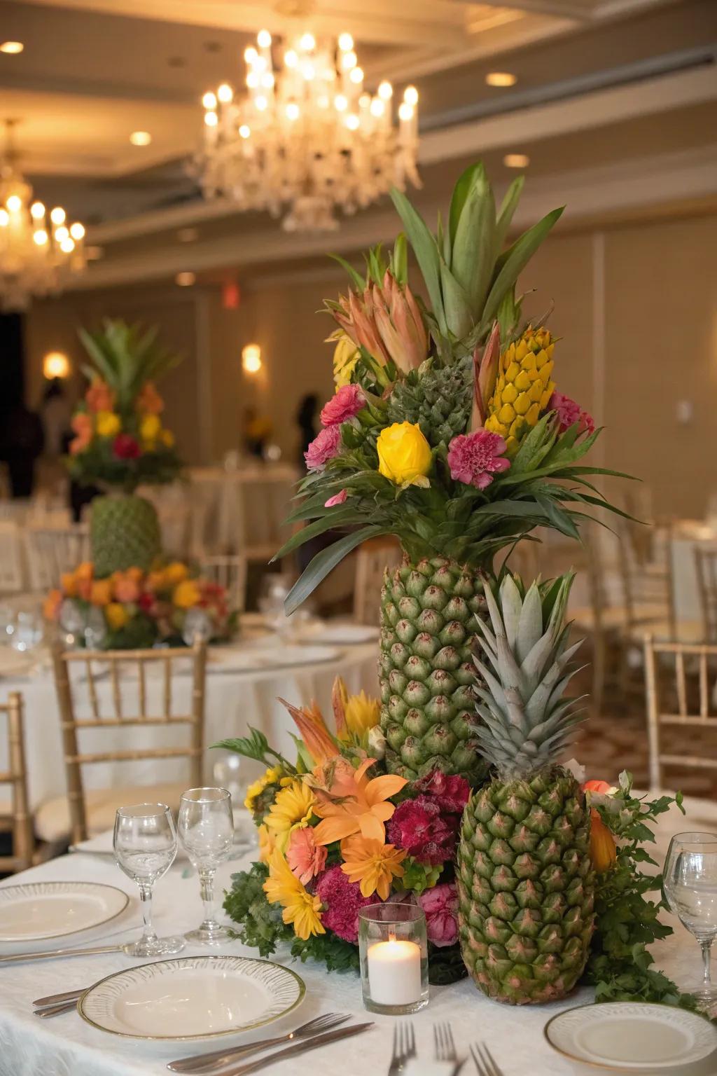 Exotic touches featuring tropical flowers and fruits.
