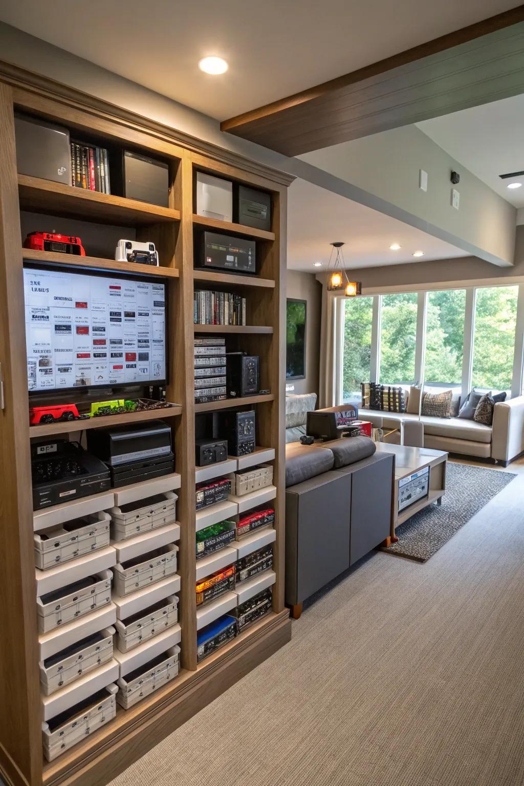 Inventive storage solutions contribute to sustaining the neatness of your gaming space.