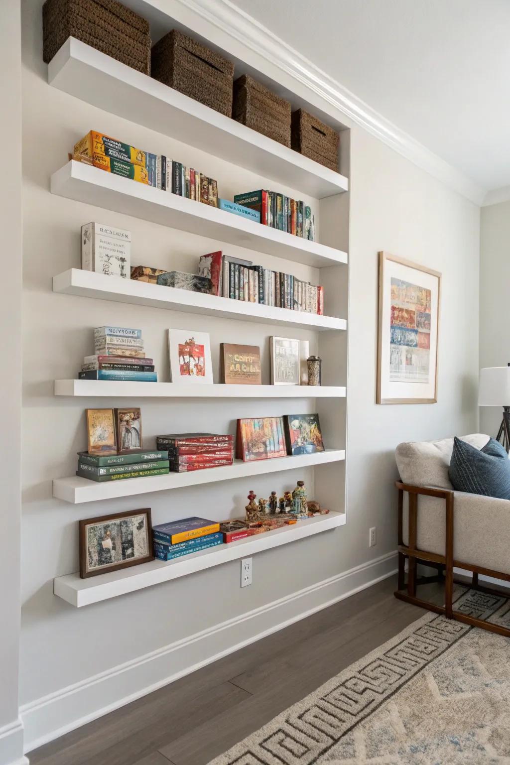 Suspended shelves deliver a streamlined, modern storage approach.