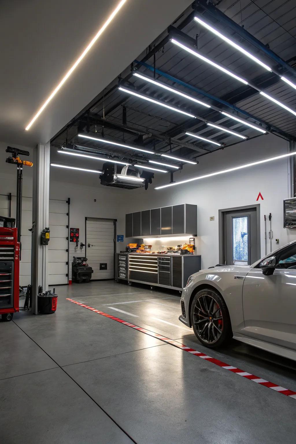 Creative lighting solutions enhance the garage's atmosphere.