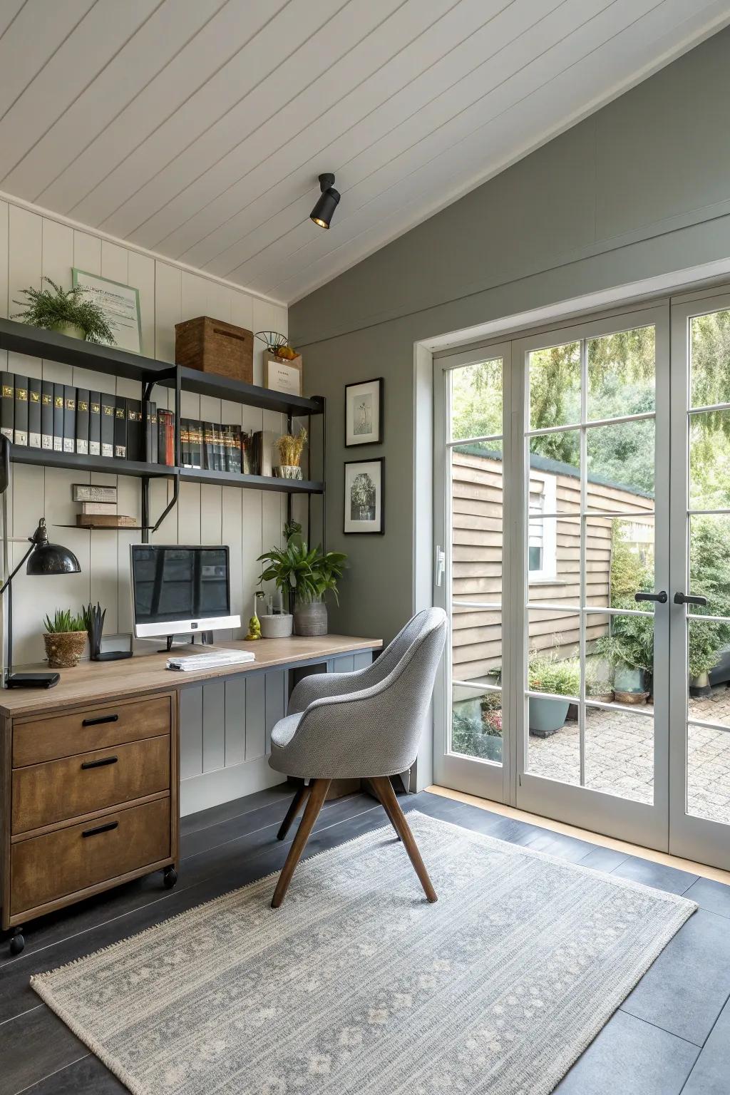 A serene home office thoughtfully placed within a garage area.