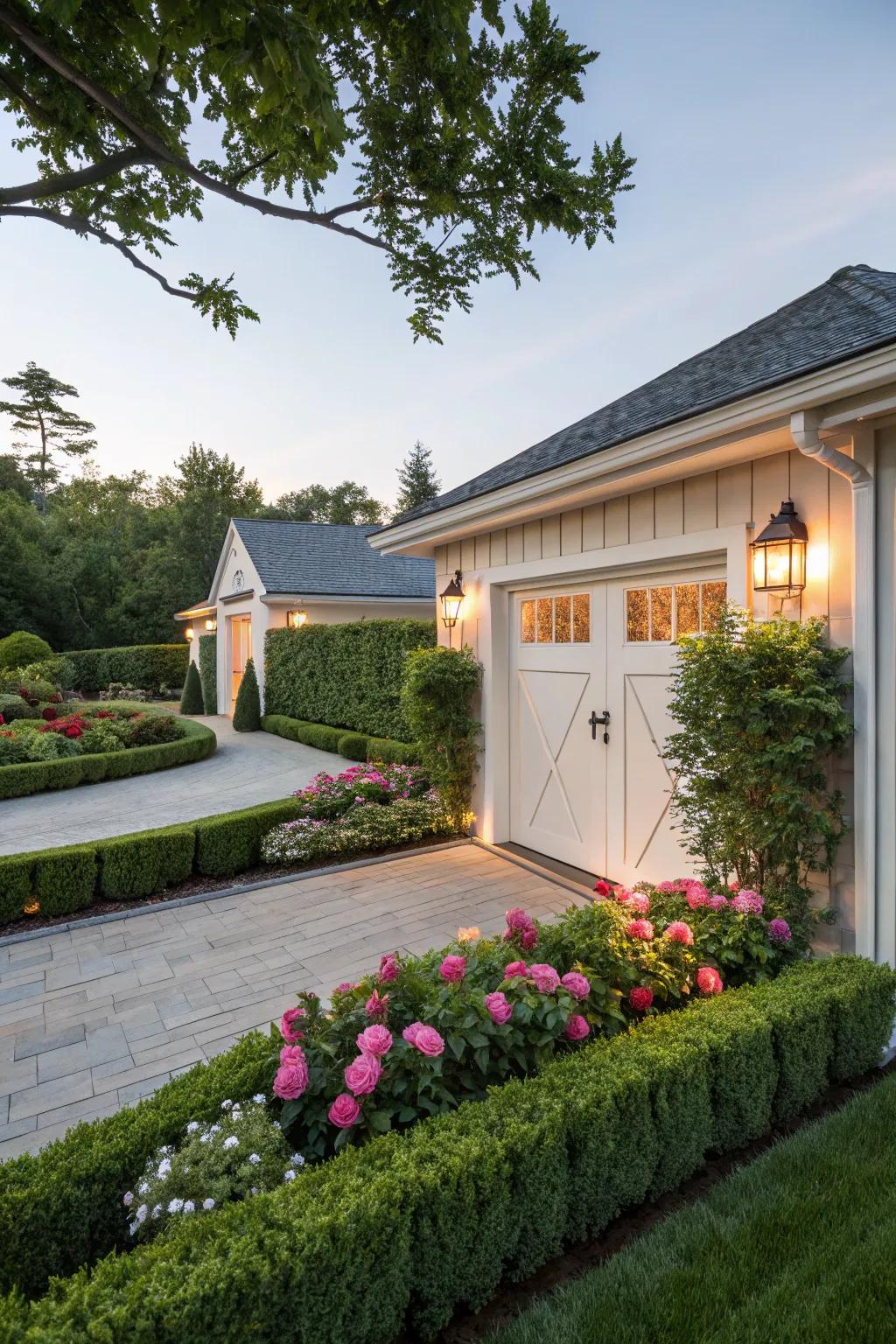 Landscape design accentuating garage trim aesthetics.