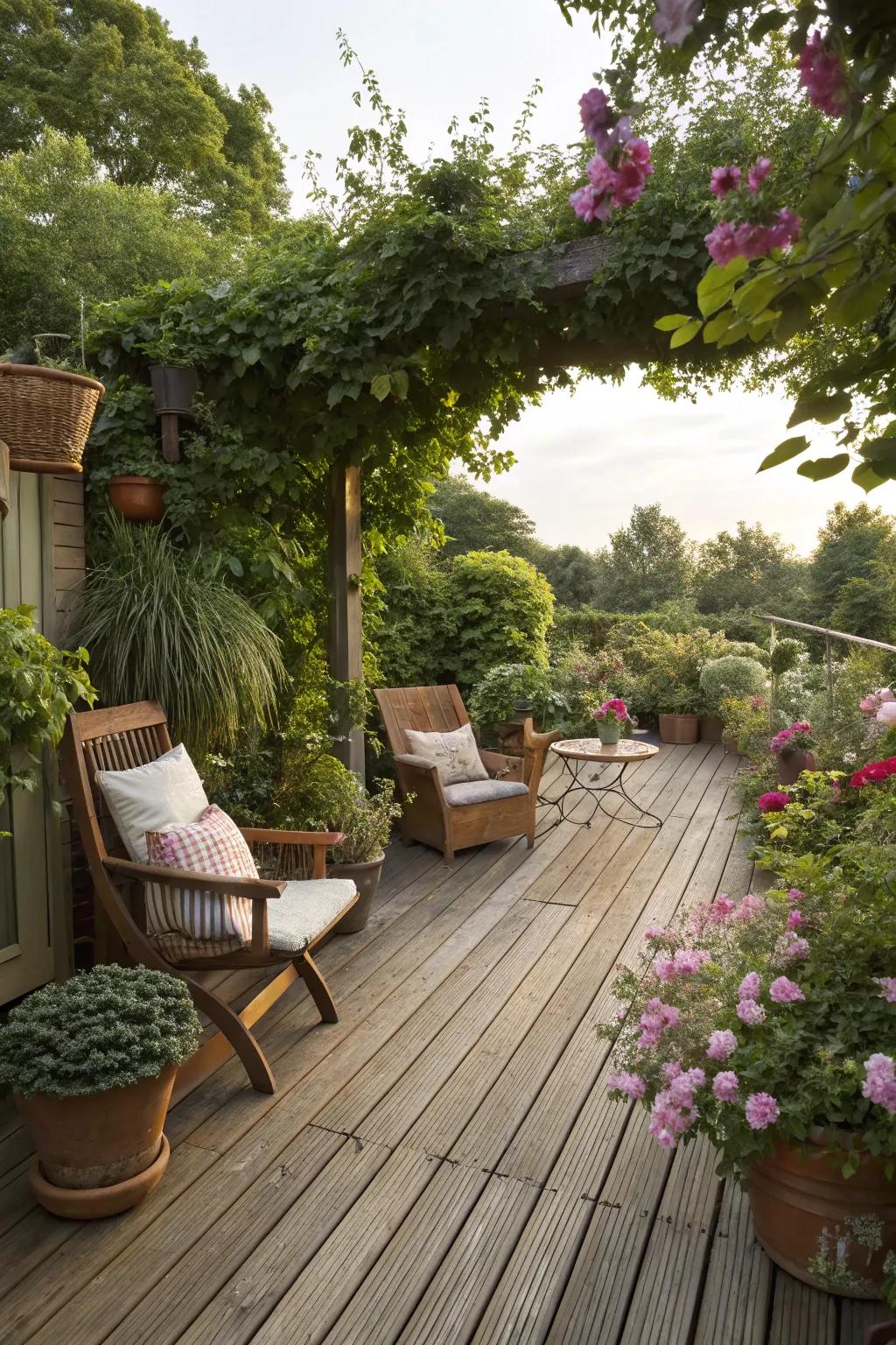 A relaxing garden deck with timber flooring and inviting sitting encompassed by lush plants.