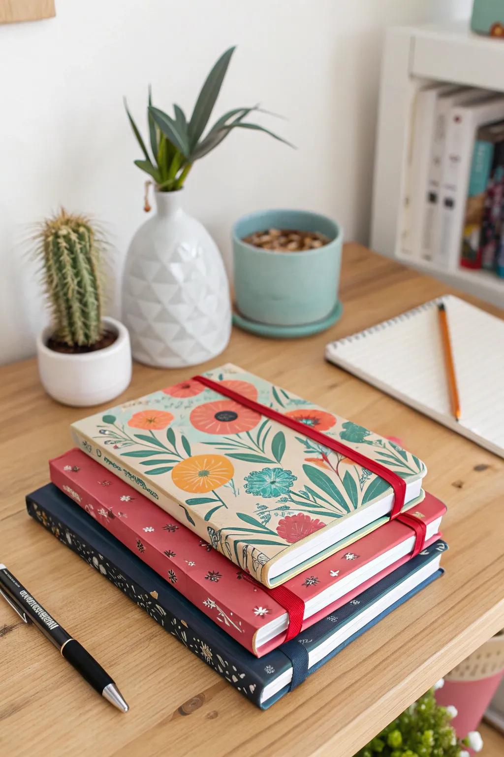 Diaries with artistic covers to foster creativity and contemplation.