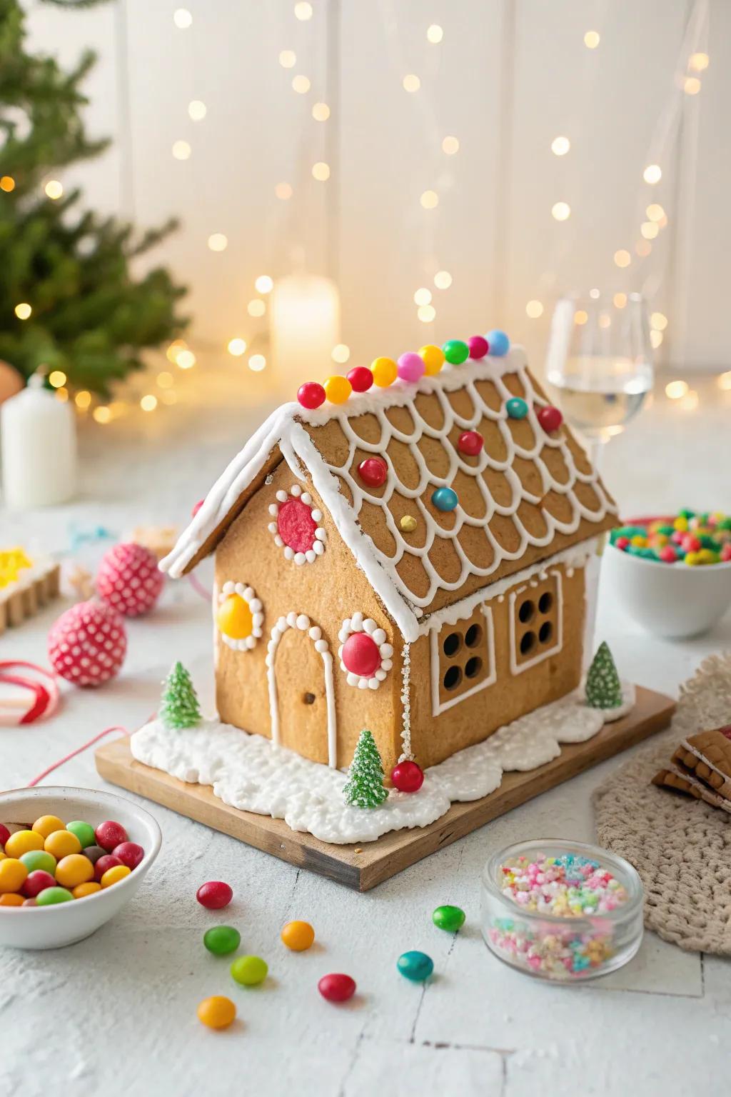 A gingerbread roof adorned with prismatic confectionery tesserae.