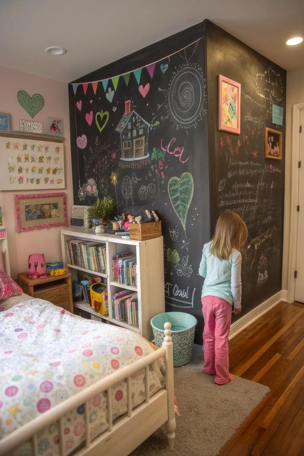 A blackboard wall finish encourages creativity and personal expression.