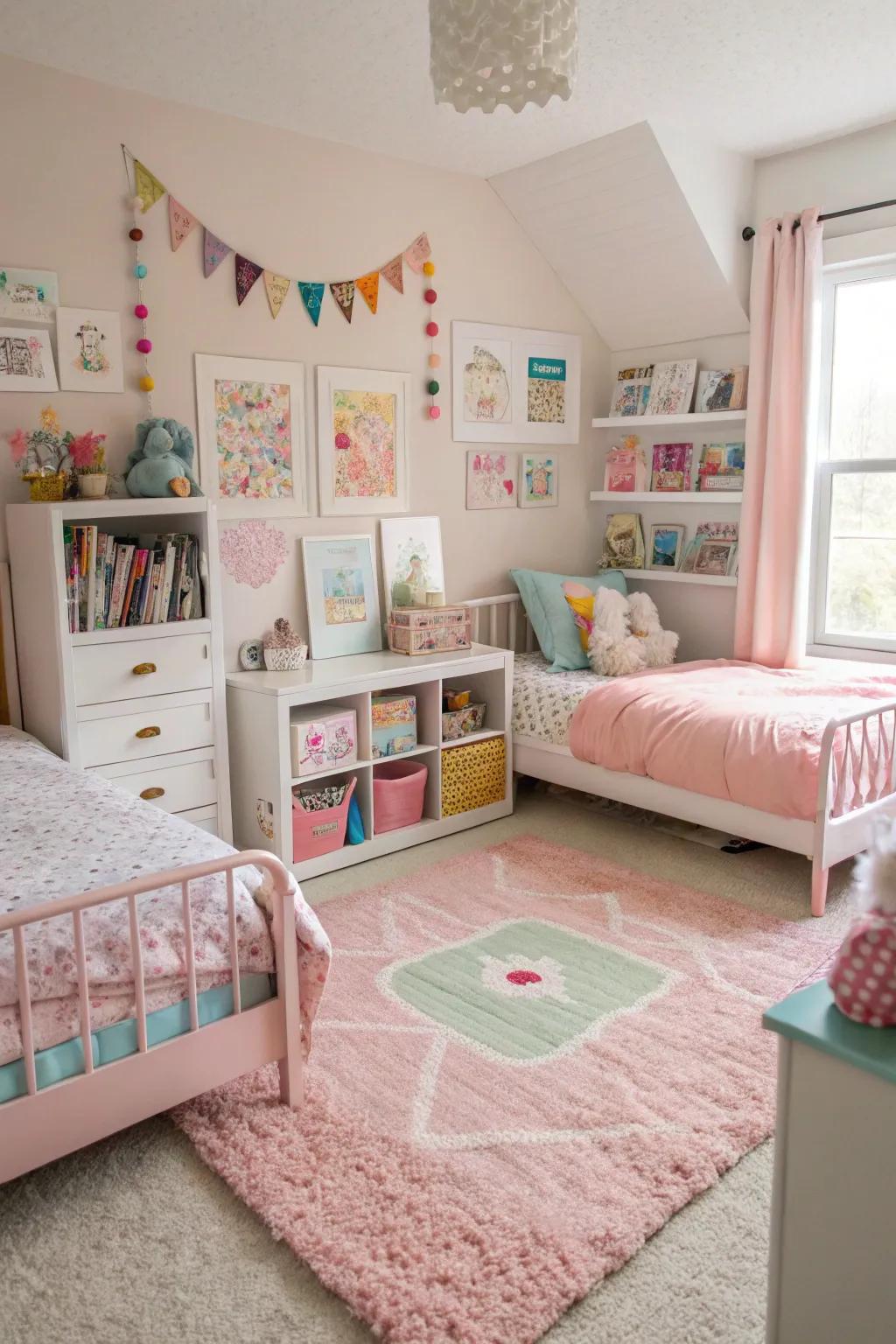 Supple ground coverings infuse warmth and aid in demarcating spaces in a shared bedroom.