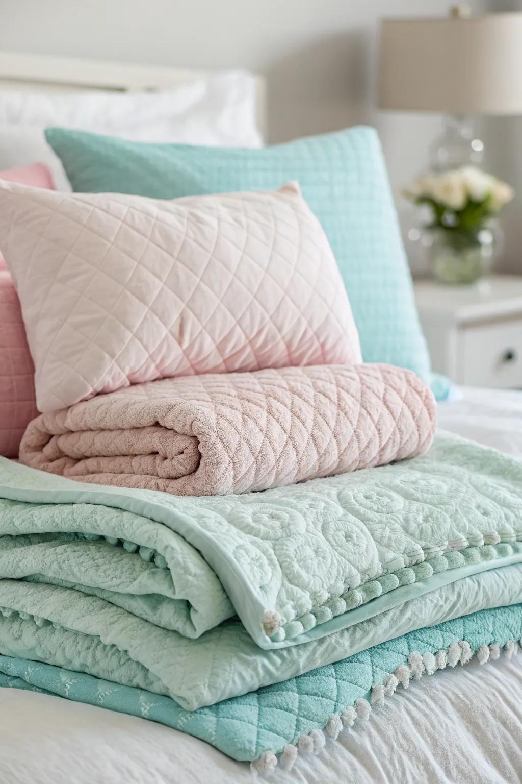 Layered textures contribute to an inviting and comfortable bed.