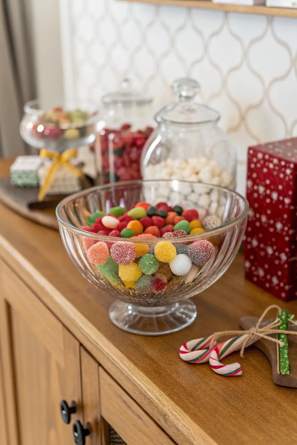 A delectable and refined glass bowl filled with candies and ornamental accents.