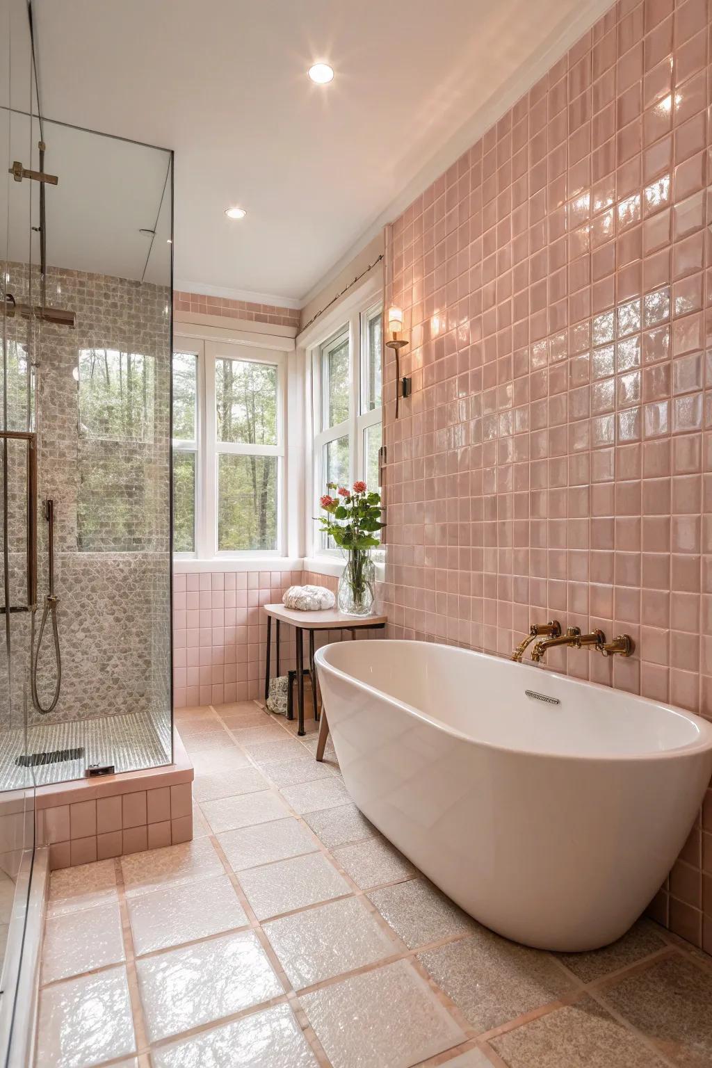 Lustrous glass tiles in muted tinges cultivate a spa-resembling lavatory retreat.