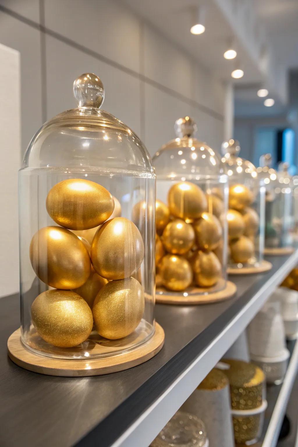 Gilded eggs encased in crystalline vessels introduce an element of contemporary sophistication to your ornamentation.