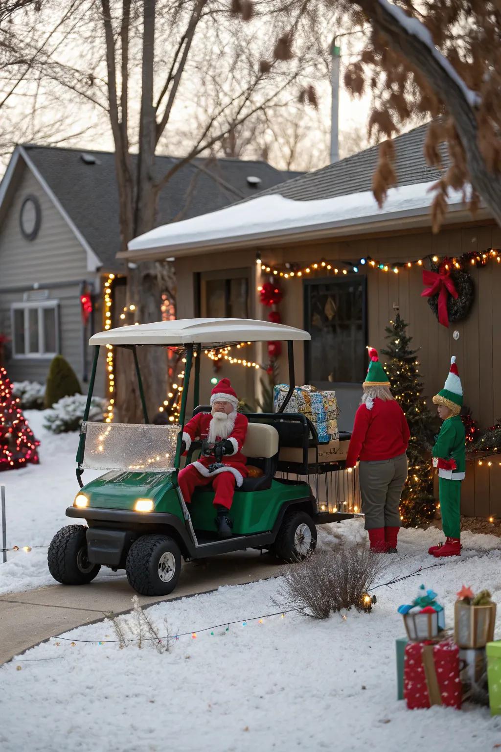 Elves diligently operating on this spirited golf cart.