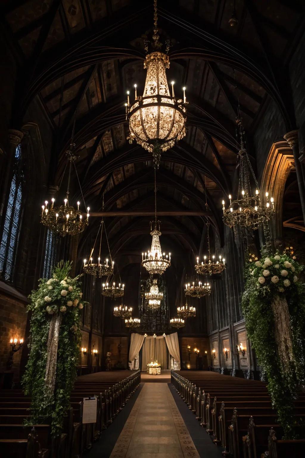 A Gothic wedding venue exhibiting chandeliers and subdued lighting.
