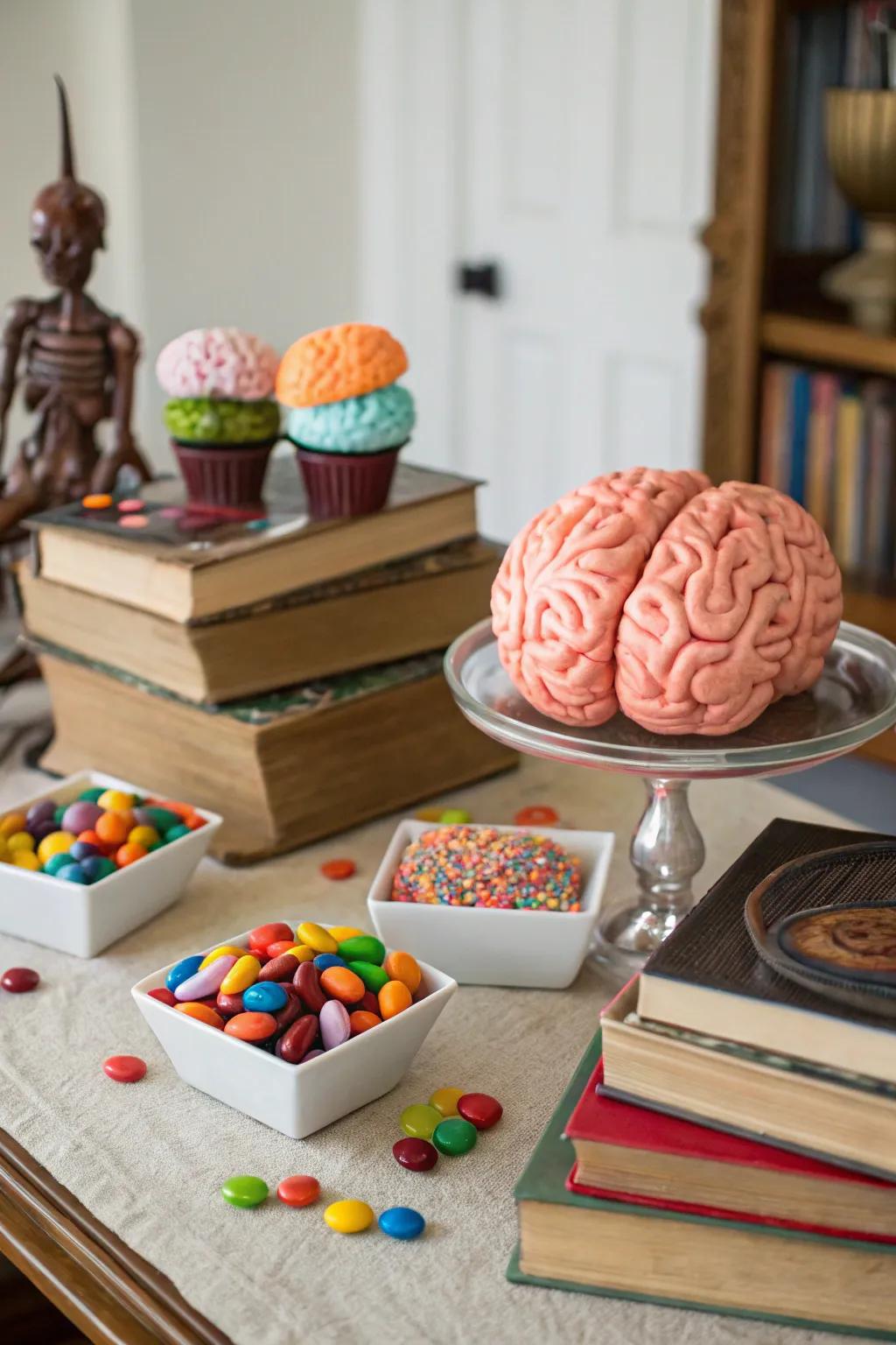 Books and brain-shaped candies introduce an intellectual element to your celebration.