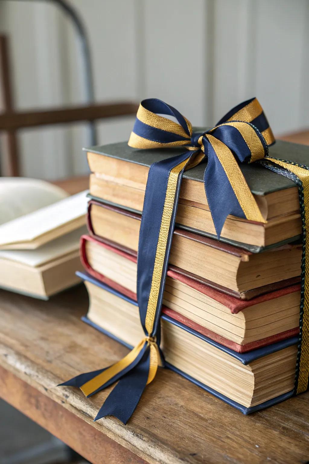 Vintage books and ribbons impart a scholarly essence to the occasion.