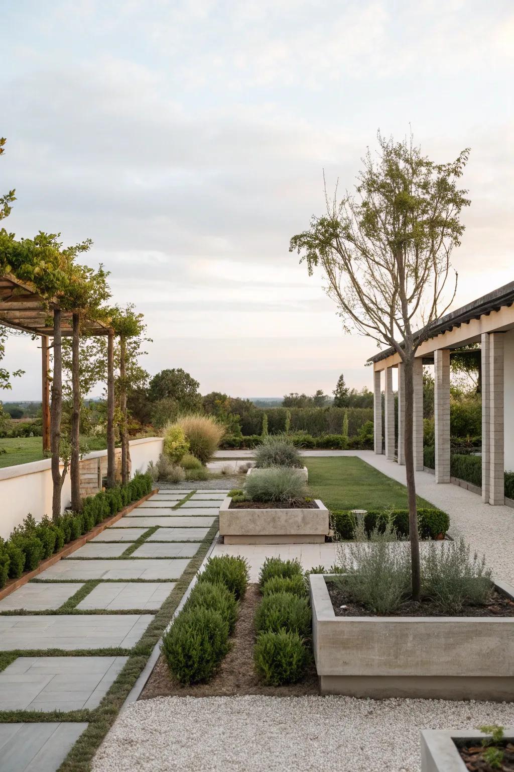 Minimalist gardens offer a tranquil retreat.