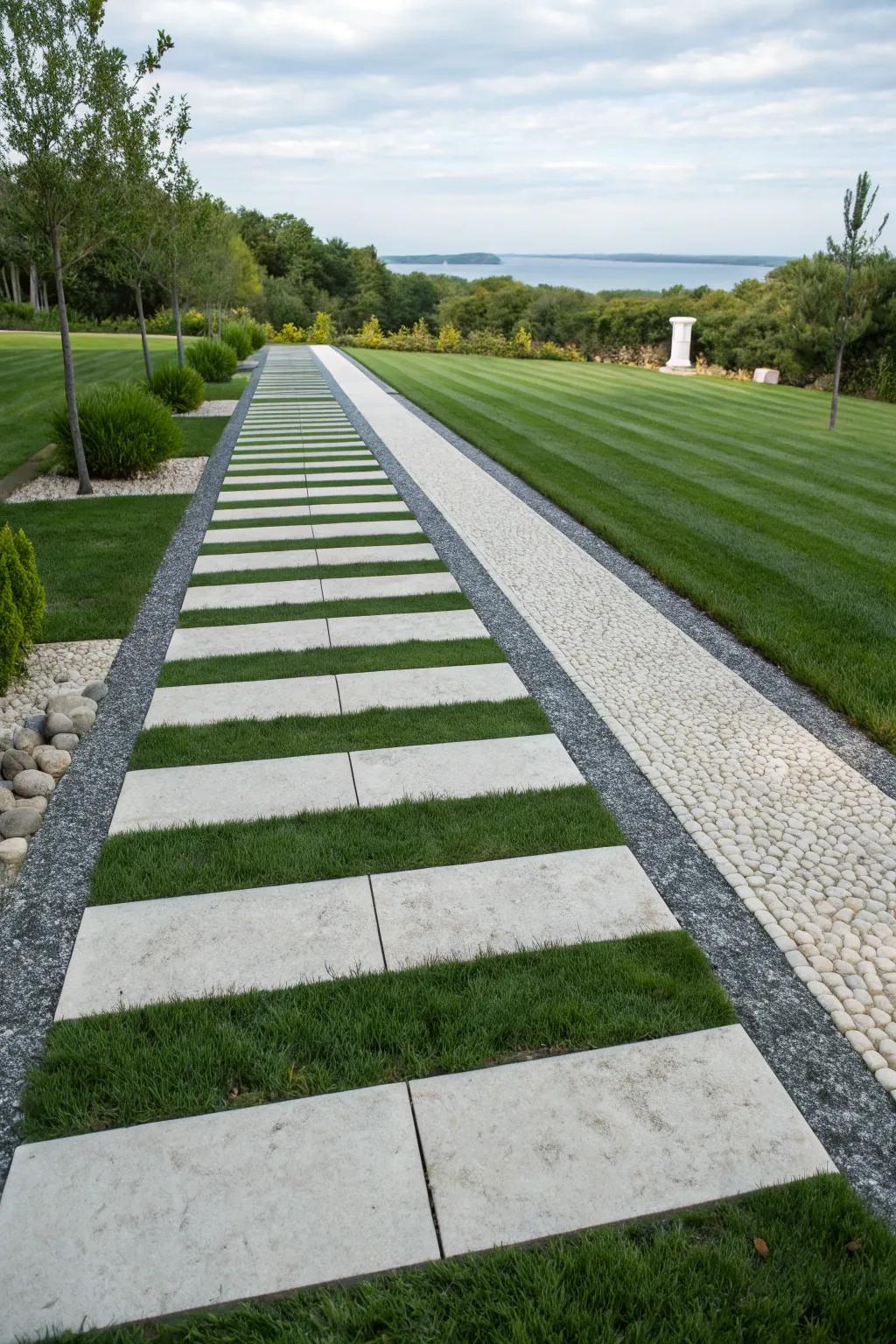 A classic yet contemporary striped design incorporating turf and stone.