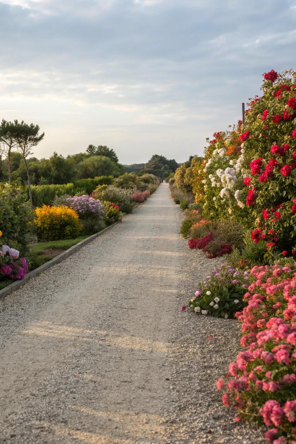 Floral borders frame this gravel driveway with vibrant colors and fragrances.