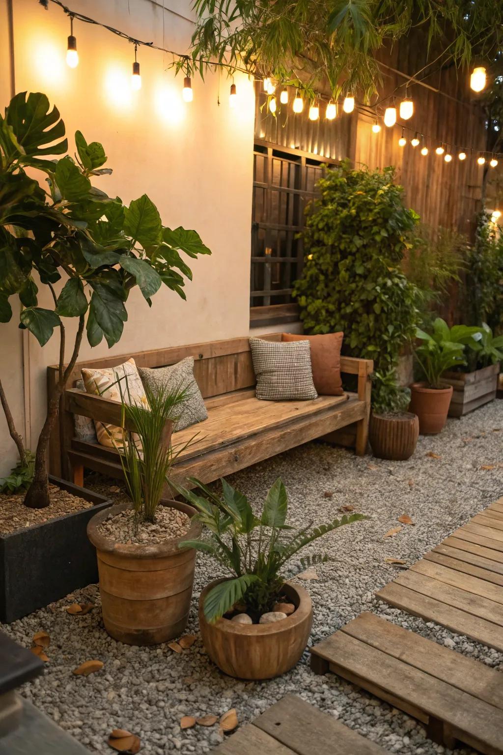 A seating area set amongst potted plants in a gravel garden.