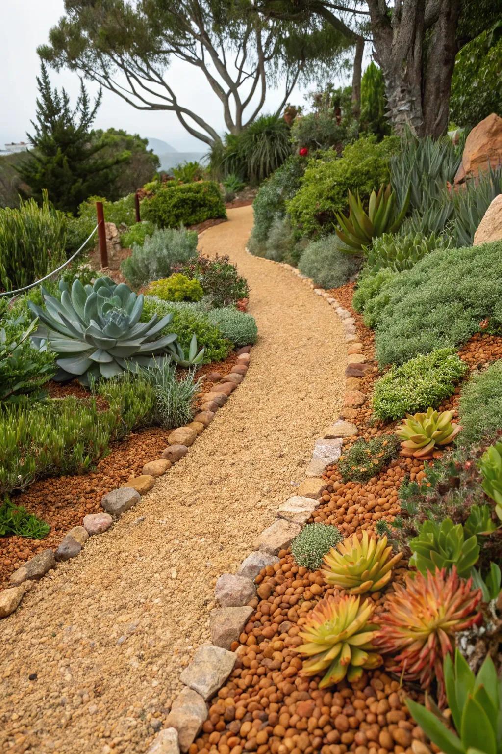 A gravel path featuring warm-toned gravel complementing a succulent garden