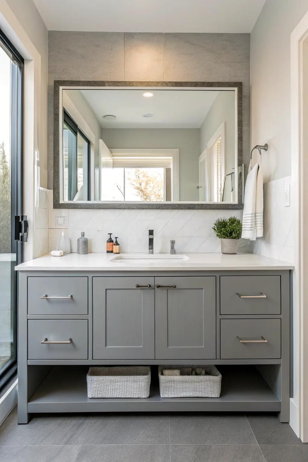 An expansive reflector enhances the perception of space within this lavatory.