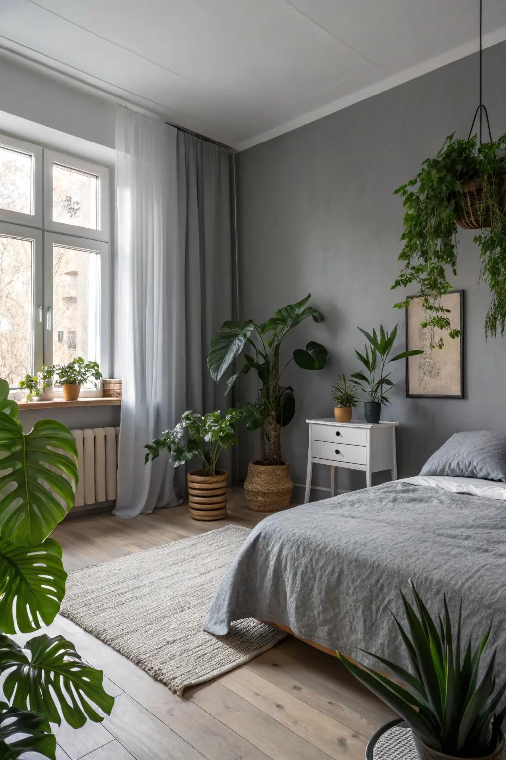 A tranquil gray bedroom using lush green plants.