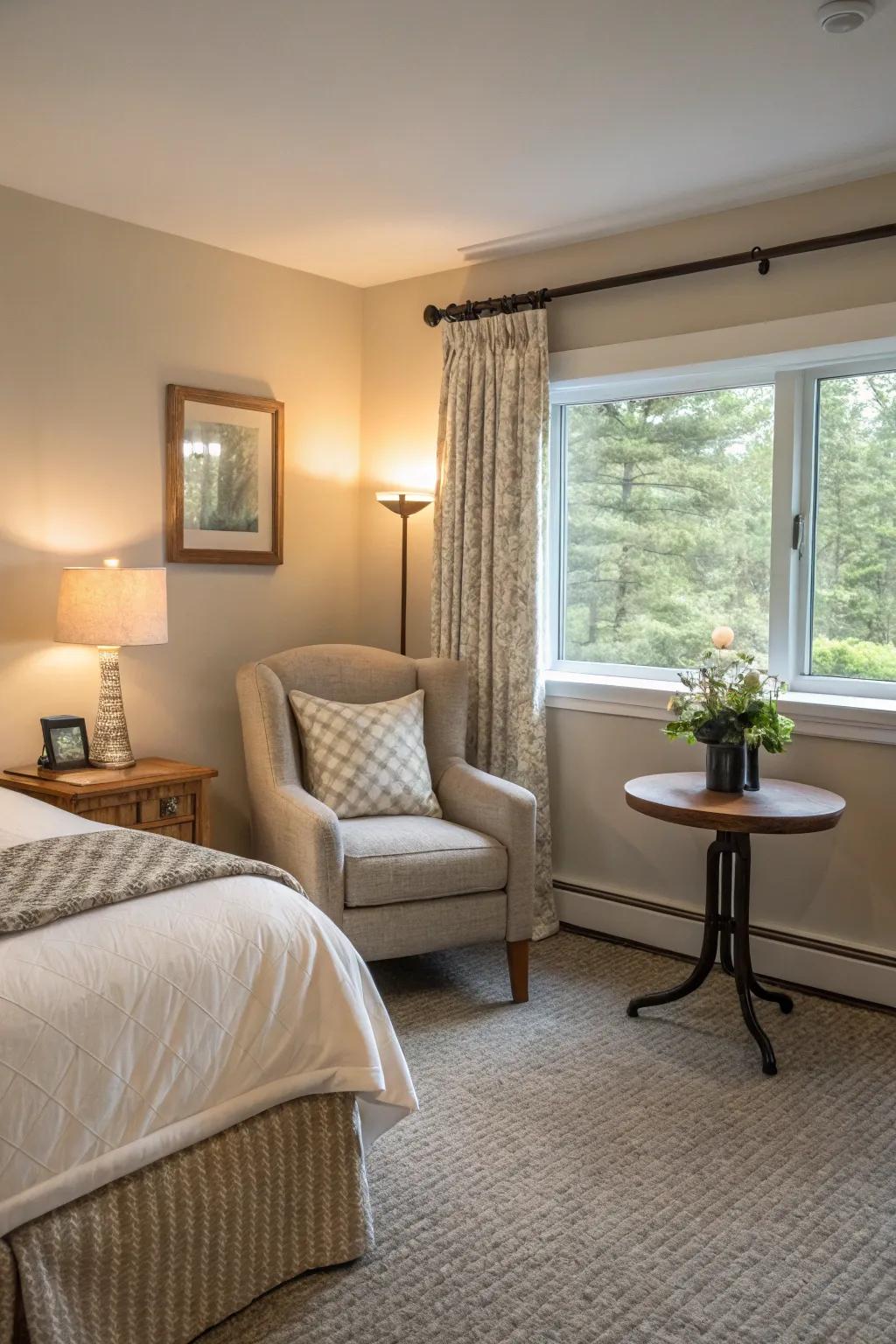 A seating zone introduces functionality and charm to the guest space.