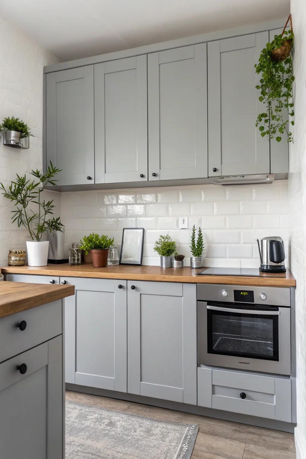 Understated decor enhances the tranquil ambiance of a gray kitchen.