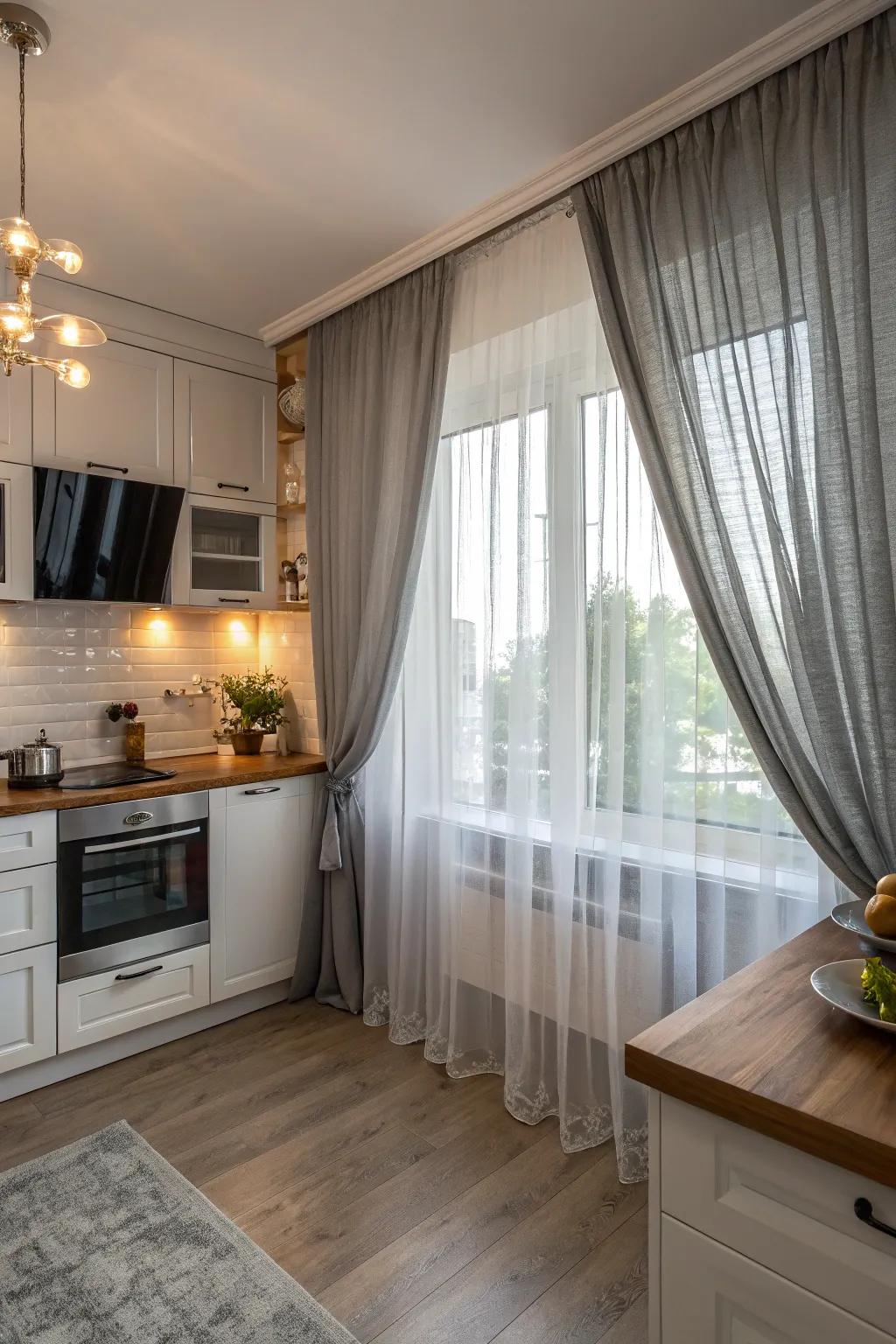 Stratified gray drapes with pure paneling for augmented profundity and texture.