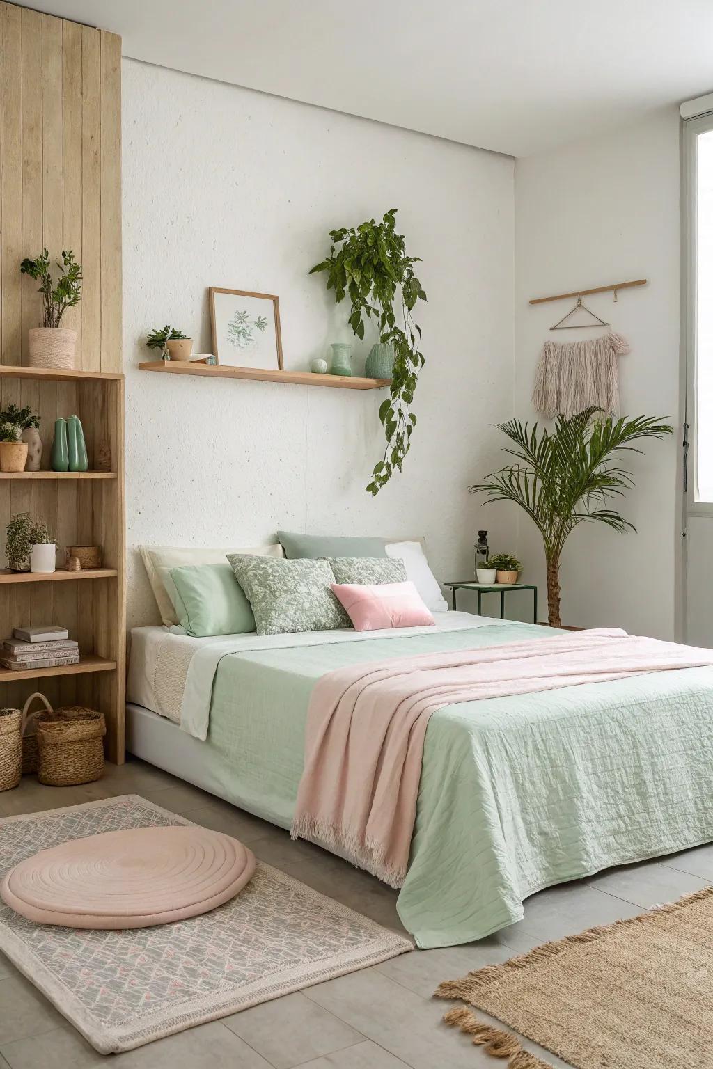 Minimalist styling with both verdant and roseate features results in a sophisticated and straightforward composition.