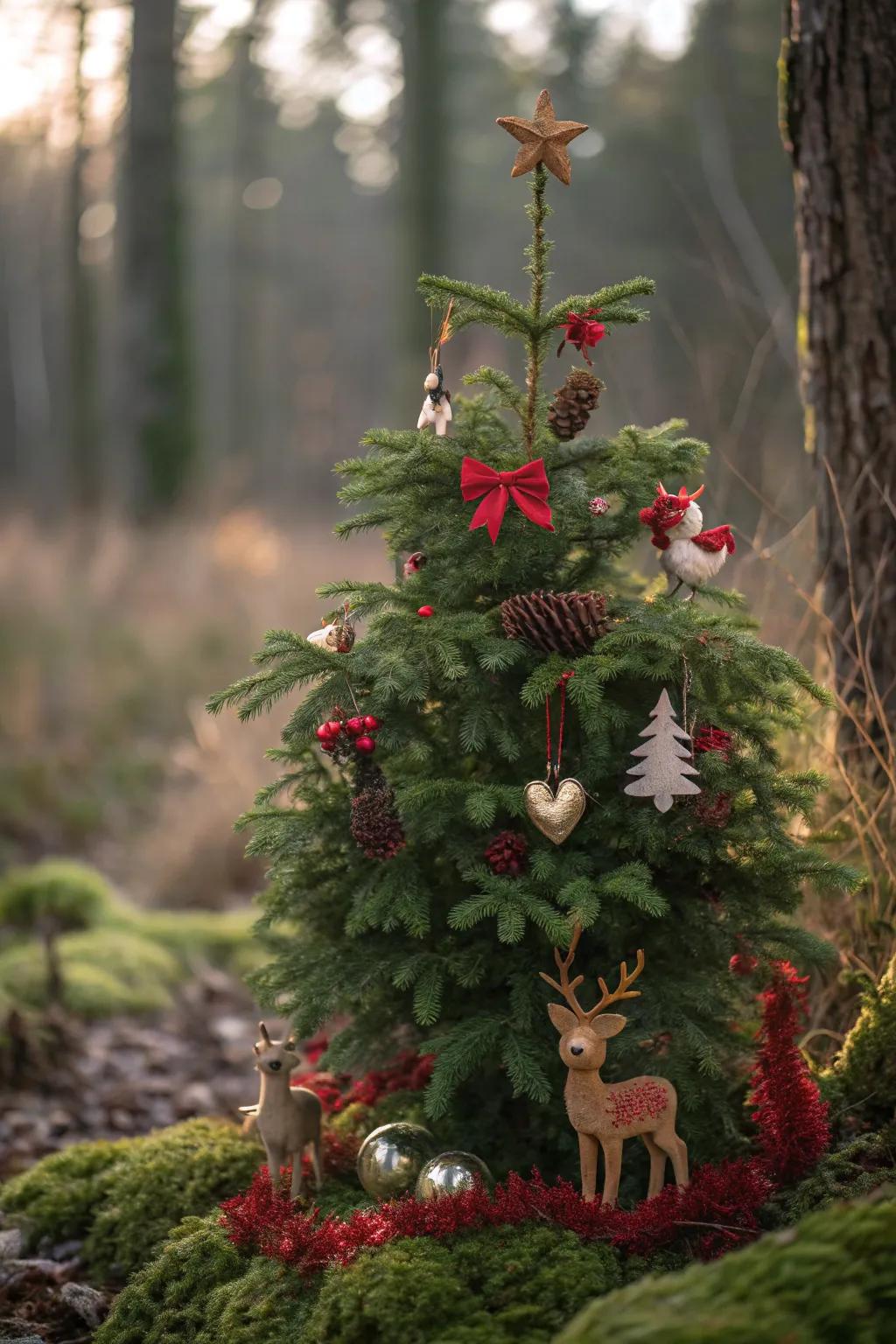 A whimsical forest-themed Christmas tree adorned with crimson and emerald decorations.