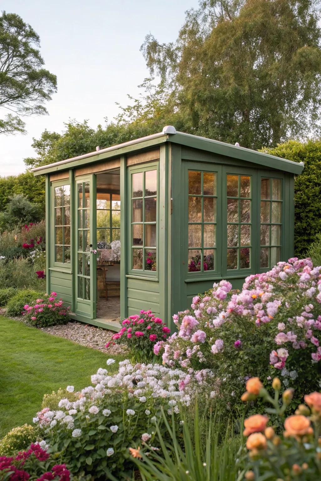 A green garden room storage offers a peaceful retreat.