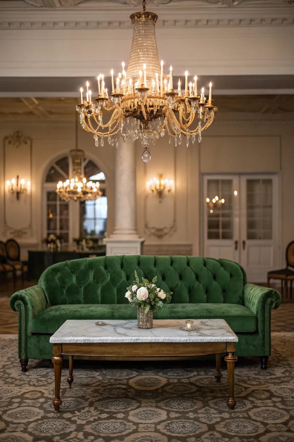 A charming lounge featuring a green velvet couch and vintage design.