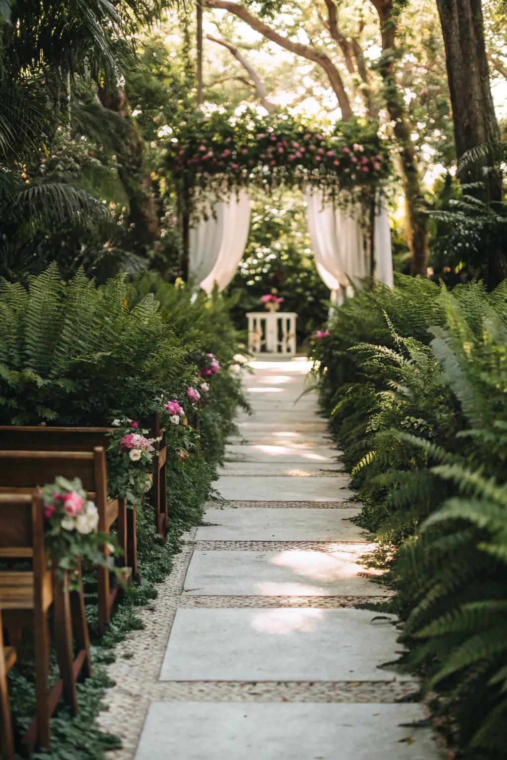 A verdant walkway establishing a natural route for the ceremony.