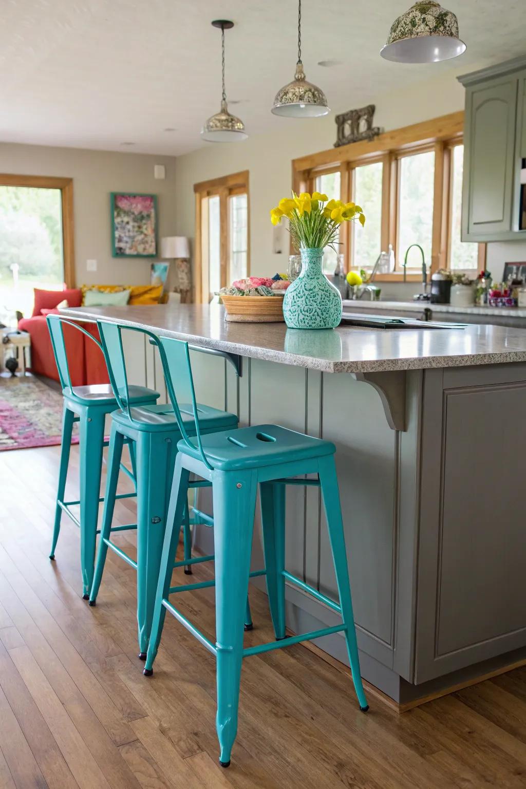 Aqua high seating adds a playful pop of color to the kitchen.