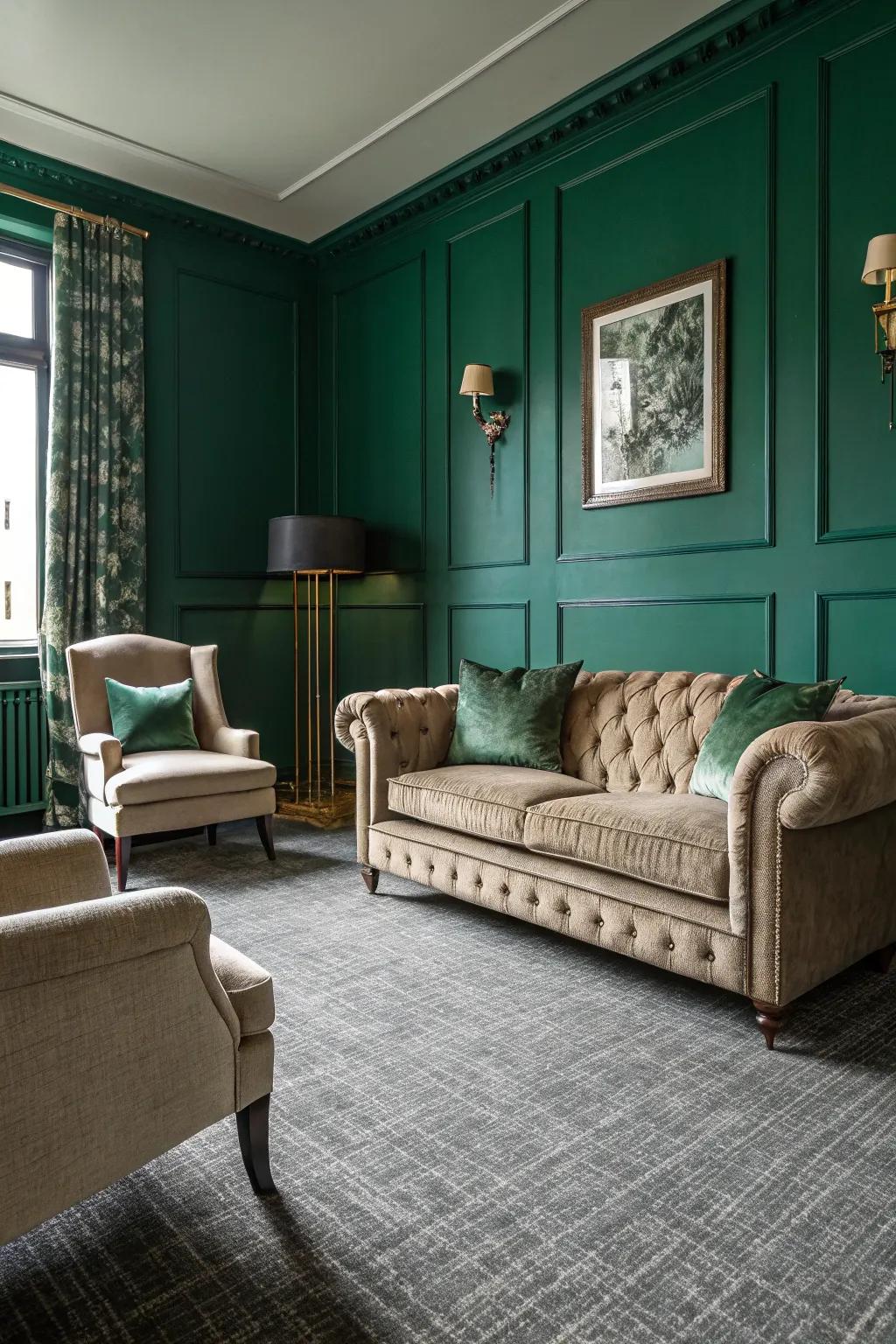 Forest green walls exude lavishness when combined with grey carpets.