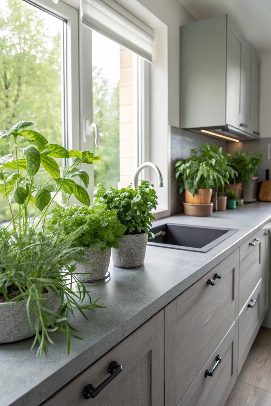 Grey countertops paired with vibrant verdant flora.