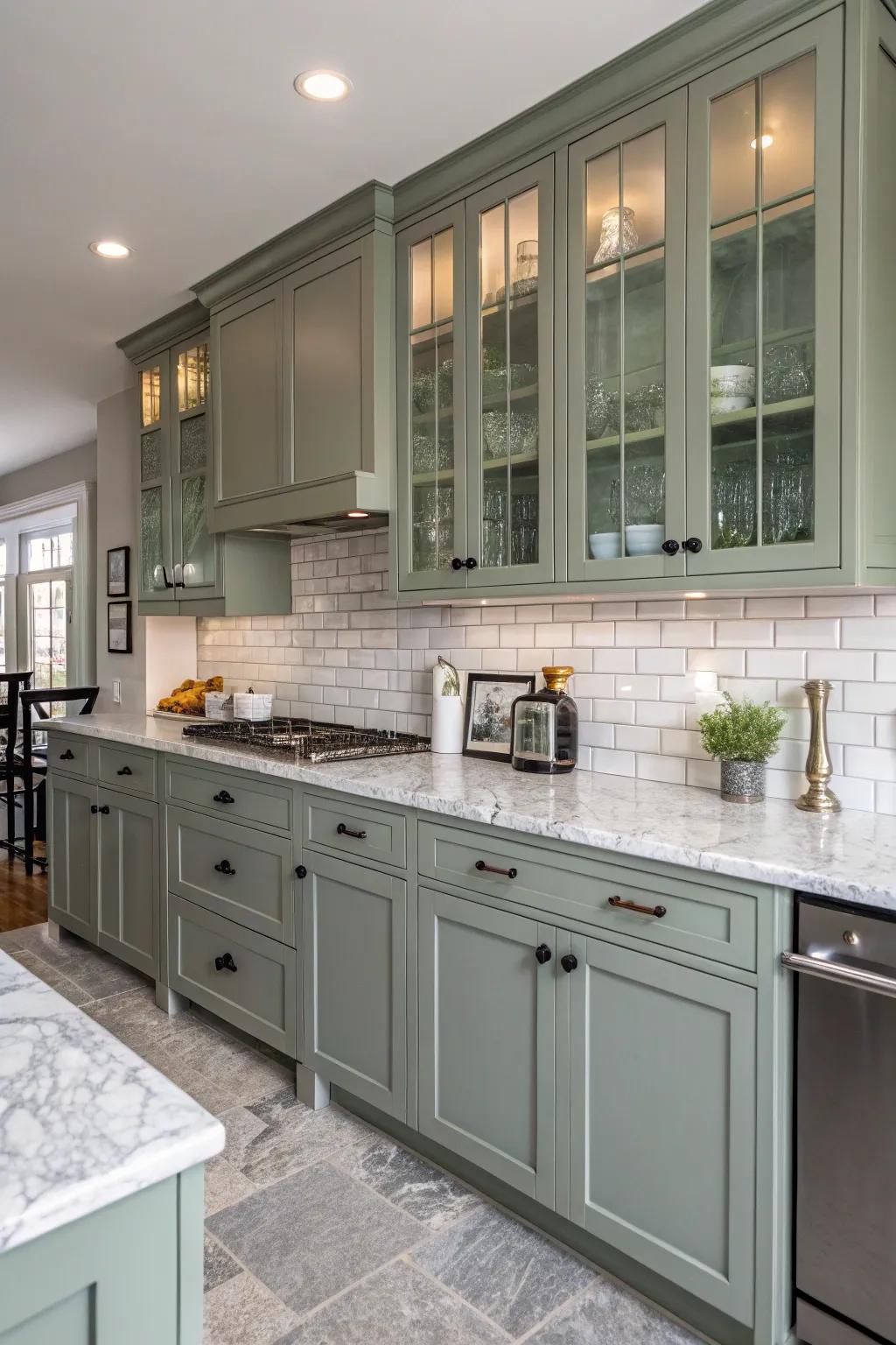 Paneling on grey-green cabinets offers enduring versatility.
