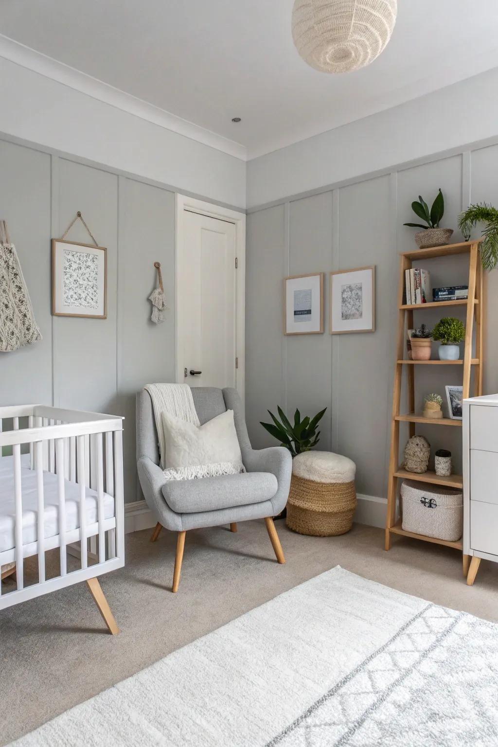 Crisp grey and white establish a sophisticated and airy space.