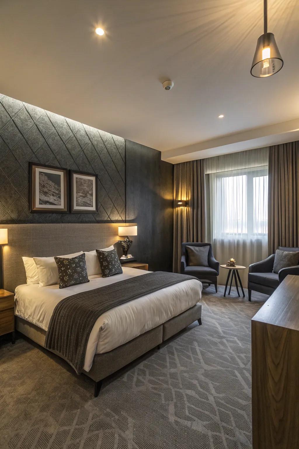 A stylish guest room with striking graphite contrasts.