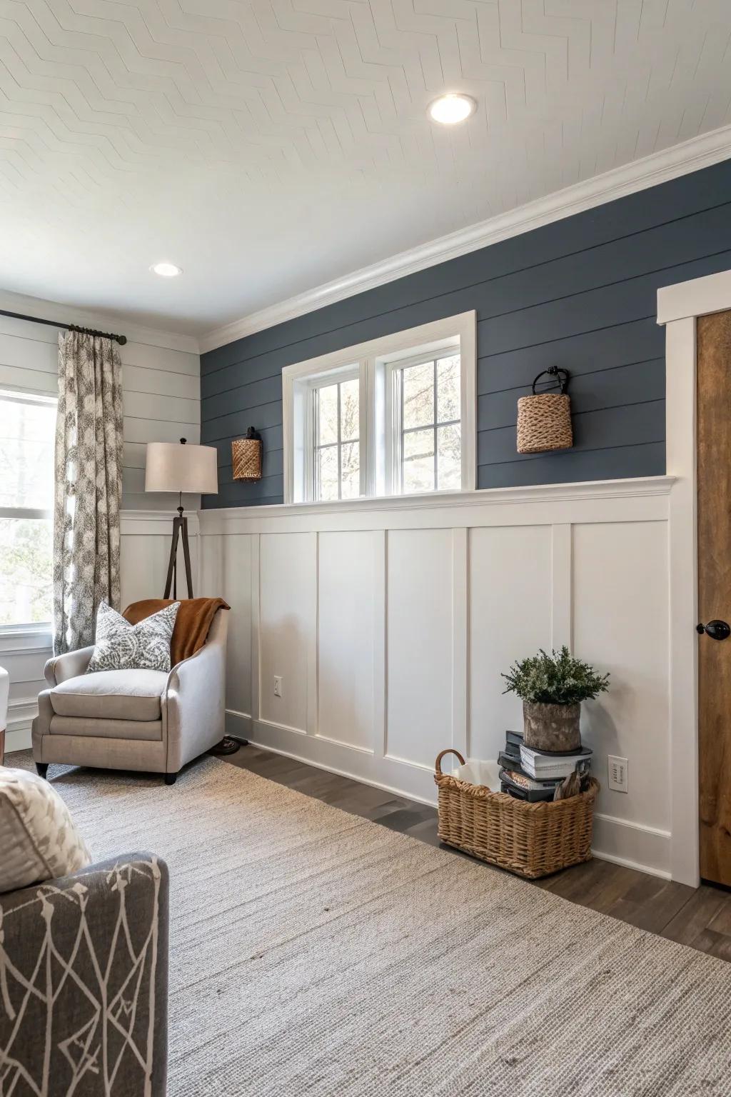 Chromatic duet partitions featuring shiplap cultivate an elegant visual contrast.