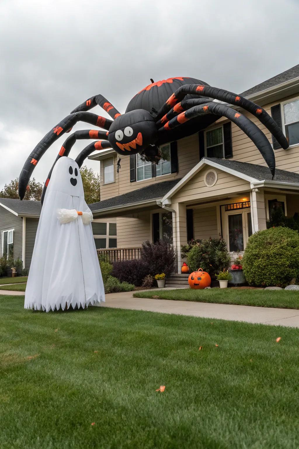 Inflatable creatures contributing a larger-than-life element to Halloween décor.