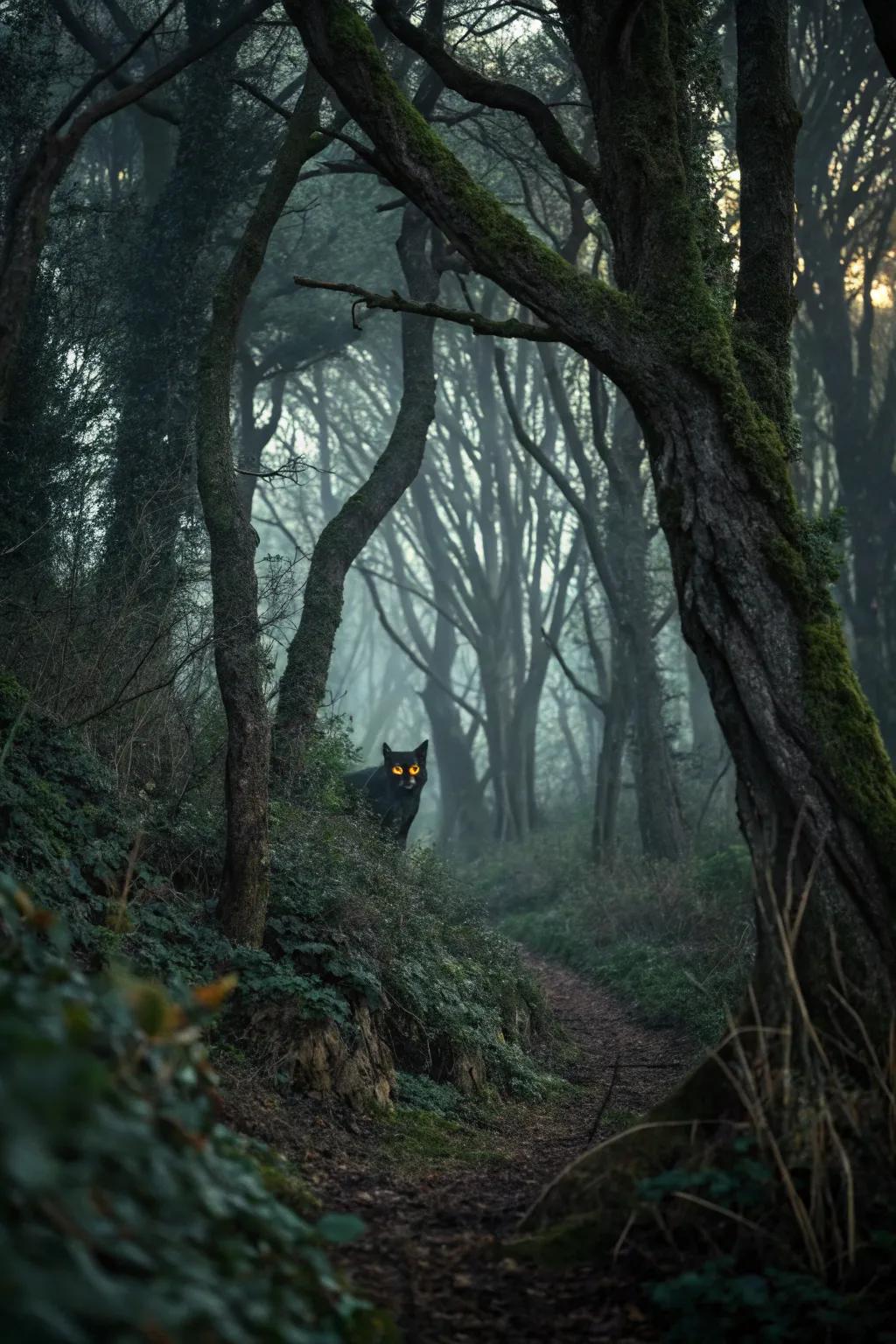 A haunted forest where luminous oculars observe from the shadows.